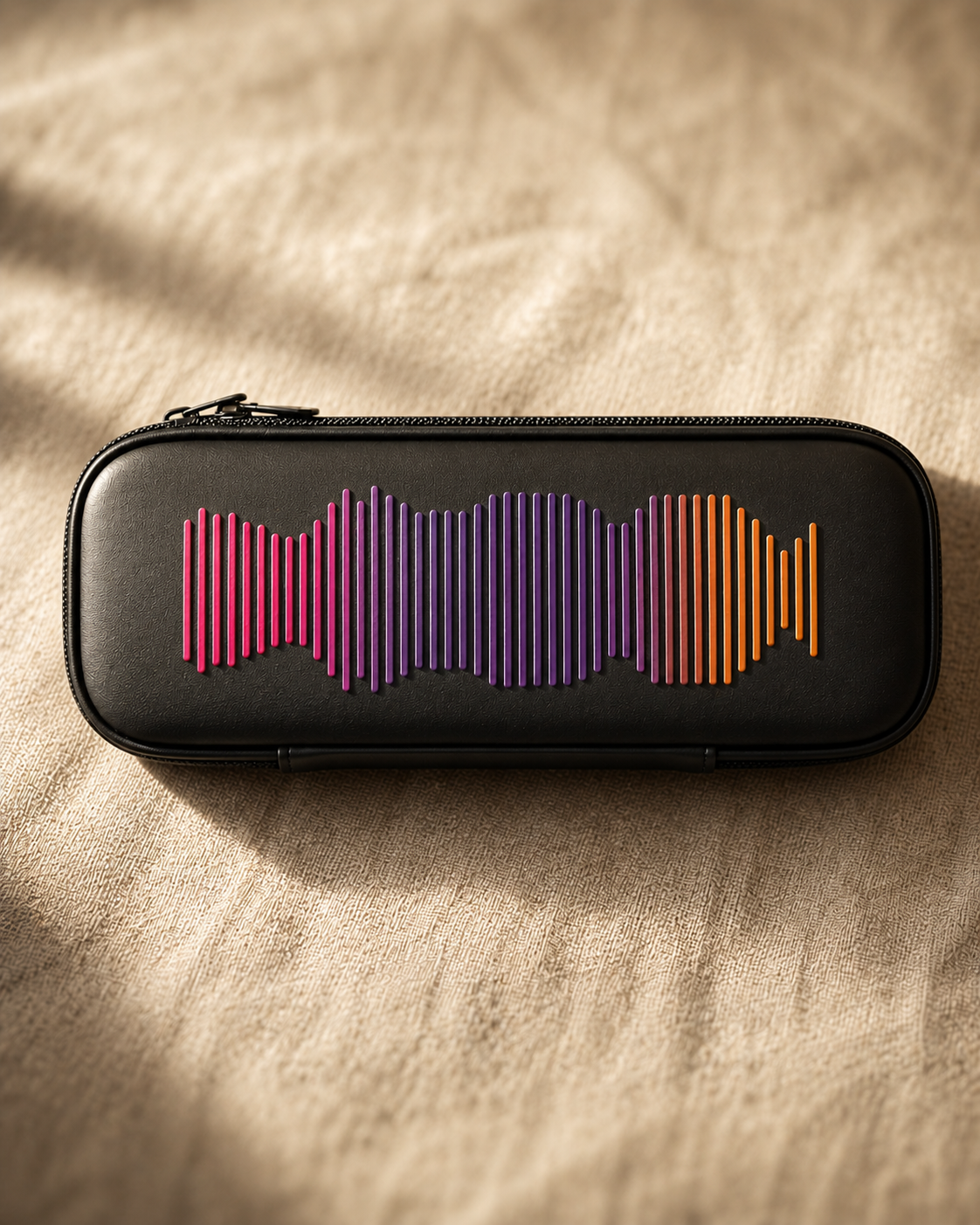 Raised soundwave waveform on a black carry case, side light catching the texture